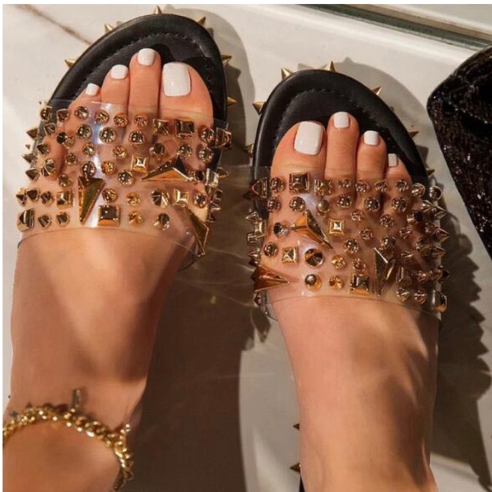 Restocked Gold Crystal Slide Slippers With Studs